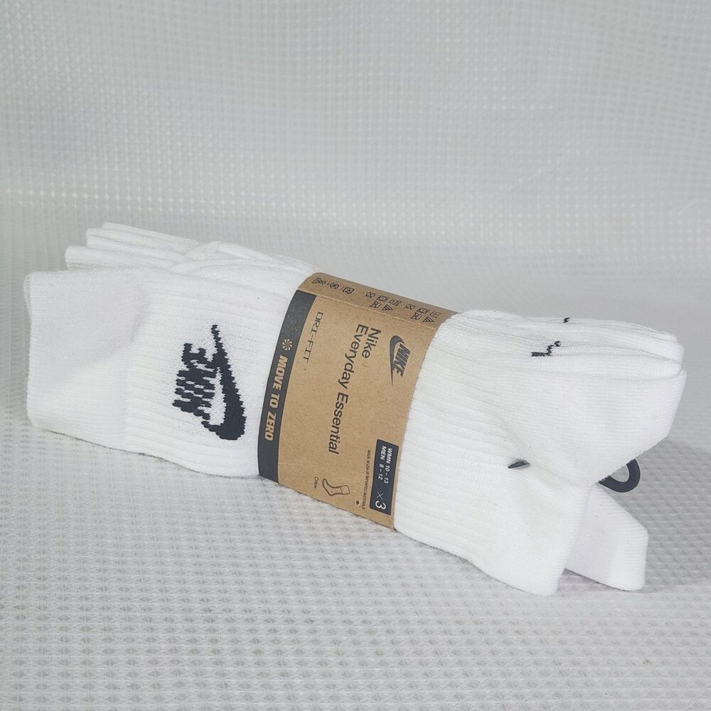 Nike Everyday Essential Crew Socks White 3 Pack Dri-FIT Men's 8-12 New